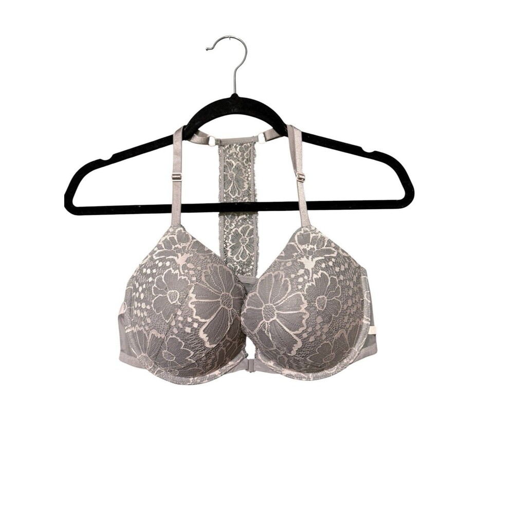 Victoria's Secret Sexy Tee Push Up Bra 38C Gray Lace Front Close Racerback